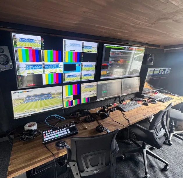 Engage Live OB1 production gallery, showing the multiviewer wall, vision switcher and audio mixer